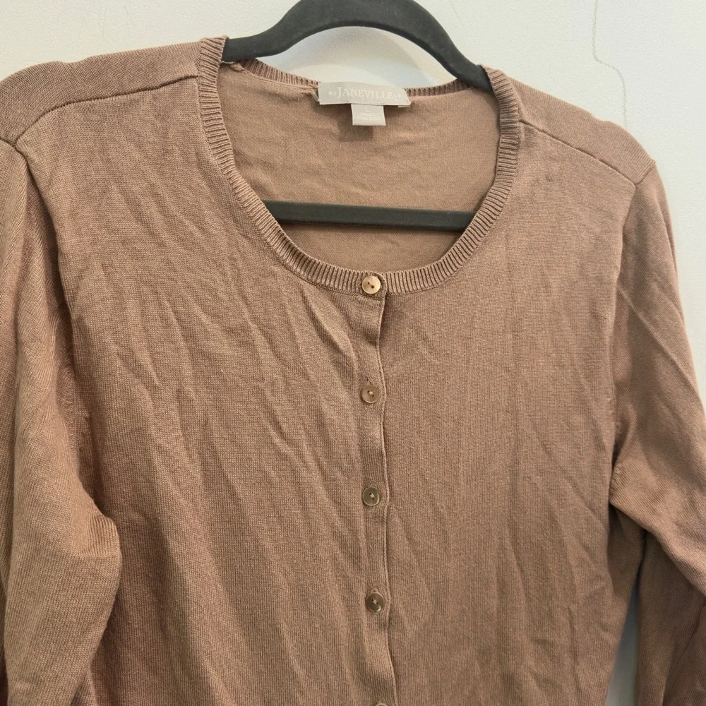 Janeville Womens Classic Cardigan Sweater Taupe Brown Rayon Nylon Size Large